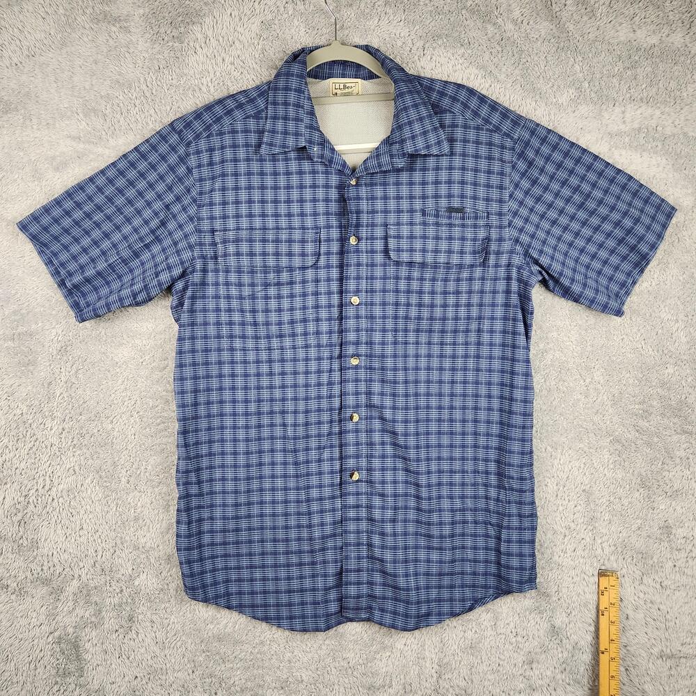LL Bean Shirt Mens Medium Blue Check Short Sleeve CoolMax Fishing Vented Nylon